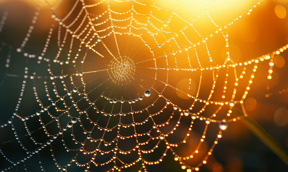 Tautropfen in einem Spinnennetz hinter dem die Sonne aufgeht.